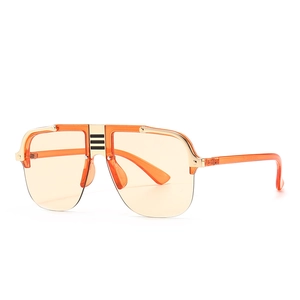 Modern flat top oversized sunglasses with orange tinted lenses and gold-orange resin frames