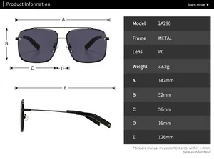 Tableau des tailles et dimensions techniques détaillées pour lunettes de soleil carrées