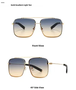 Détail macro de lunettes de soleil carrées dorées avec verres dégradés sous deux angles de vue