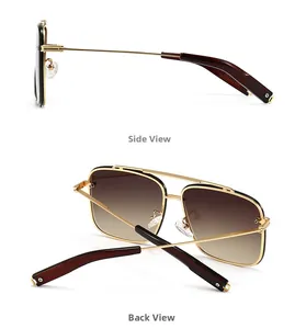 Vues de côté et arrière des lunettes aviateur carrées rétro avec monture dorée