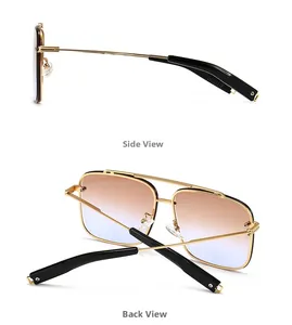 Détail de lunettes de soleil dorées avec verres dégradés marron-bleu vues de côté et de dos