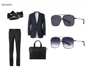 Vue à plat d'une tenue d'affaires pour hommes avec lunettes carrées, chaussures et porte-documents