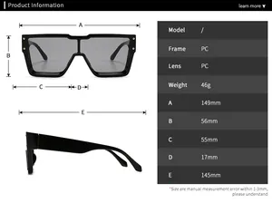 Detailed size chart with dimensions for oversized square black PC frame sunglasses