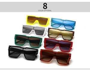 Macro display showing 8 color options of square frame sunglasses with gold rivet details