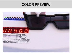 UV400 testing device showing ultraviolet protection level for black square sunglasses