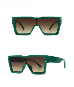 Front and side view of green square sunglasses with tea gradient lenses and gold rivets