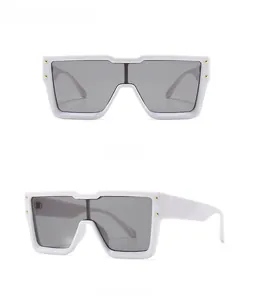 Front and 45-degree views of white square thick-frame sunglasses with gold rivets