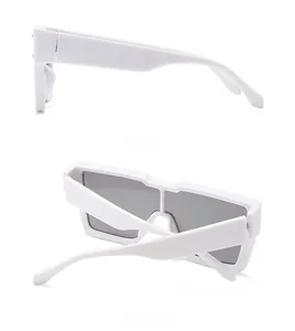 Side and back view of modern white chunky square frame sunglasses with dark lenses
