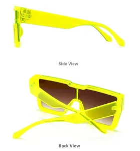 Fluorescent yellow oversized sunglasses with side and back views on white background