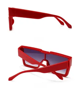 Side and back view of red thick frame sunglasses with purple gradient lenses