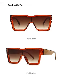 Front and side views of large square gradient tan sunglasses with gold stud details