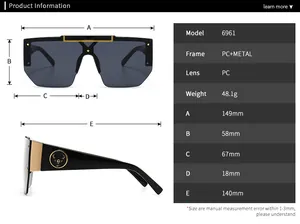 Size chart showing frame dimensions and specifications for oversized vintage sunglasses