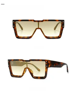 Retro oversized square leopard sunglasses with yellow gradient lenses and gold rivets