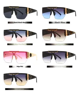Detail view of seven oversized square sunglasses variants with gold deer emblems