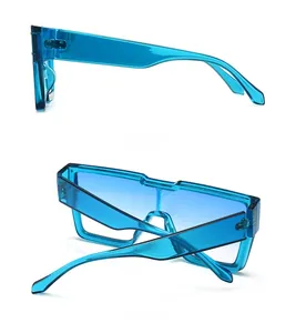 Detail view of sapphire blue transparent square sunglasses showing side and back profiles