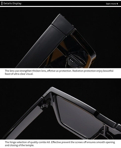 Detail of durable hinges and UV protected thickened black lenses for sunglasses