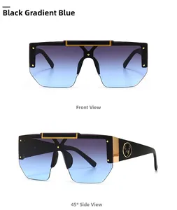 Detail view of square oversized sunglasses with gold stag logo on black frame and blue lens
