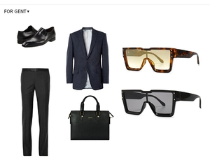 Flat lay of men's navy striped blazer, leather derby shoes, and business briefcase