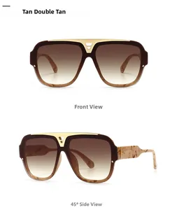 Nahaufnahme der Oversized-Sonnenbrille mit Schildpatt-Textur und goldenem Metallsteg