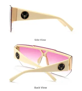 Detailed side and back views of beige oversized sunglasses with gradient pink lenses
