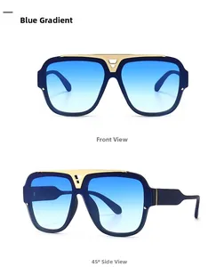Vorder- und Seitenansicht der modernen blauen quadratischen Oversize-Sonnenbrille mit Goldsteg