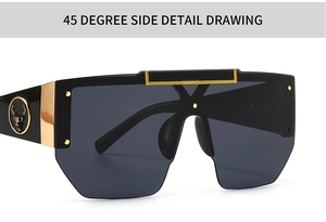 Close-up of oversized black sunglasses featuring gold metal accents and deer head logo