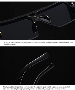 Detail of comfortable silicone nose pads and ergonomic non-slip temples of sunglasses