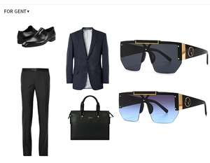Flat lay of modern oversized square sunglasses with business suit and leather briefcase