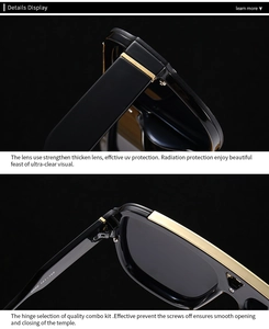 Nahaufnahme des goldenen Metallscharniers und der Gravur auf der schwarzen Oversize-Brille
