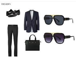 Flat-Lay der Retro-Sonnenbrille mit Ledertasche und formellem Herrenanzug-Set