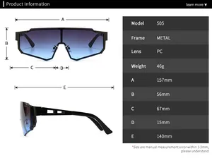 Detailed size chart for men's metal sports sunglasses with precise frame dimensions