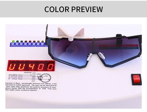 Detail view of M505 sports cycling sunglasses showing UV400 protection test result