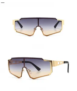 Detail view of gold metal semi-rimless cycling sunglasses with gradient lenses and cutouts