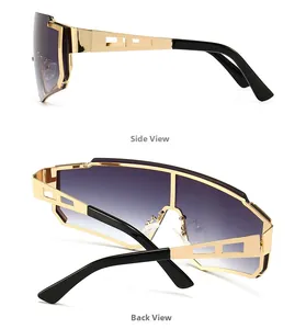 Detail view showing side and back angles of gold frame shield sunglasses for men