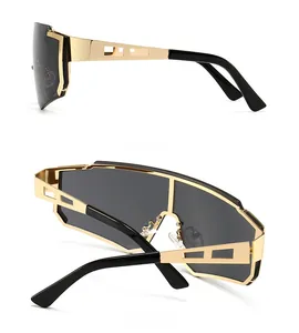 Detailed side and back view of M505 futuristic oversized gold metal cycling sunglasses