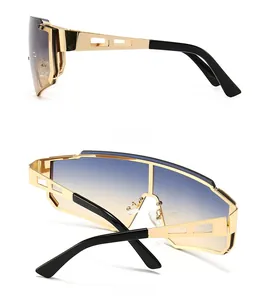 Side and back views of gold metal cycling sunglasses with blue-yellow gradient lens