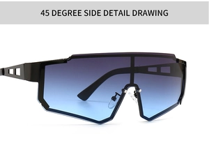 Detailed 45-degree view of blue gradient lens and black hollow temple sunglasses