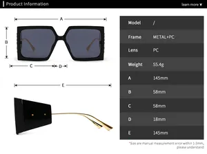 Detailed size chart for retro square sunglasses with frame dimensions and specifications