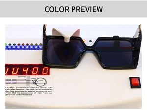 Detailed demonstration of UV400 protection on black square frame sunglasses on a tester