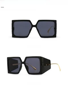 Front and side view of square sunglasses with black frames and gold metal temples