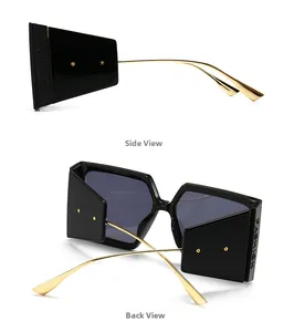 Detail of square sunglasses featuring wide side shields with engraved FASHION lettering
