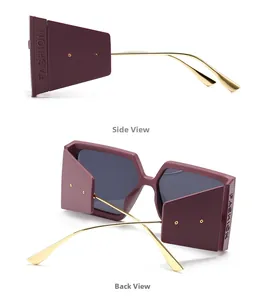 Detail view of wine red square frames with gold metal temples and FASHION logo