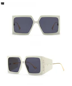 Front and 45-degree side views of retro square beige sunglasses with fashion engraving