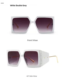 Detail view of white square sunglasses with purple gradient lenses and fashion embossing
