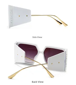 Detail view of white square frame sunglasses with golden metal temples and FASHION logo