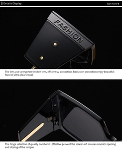 Detail view of square sunglasses featuring golden fashion letters and durable hinges