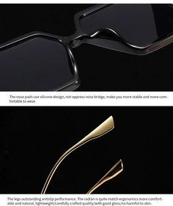 Detailed view of soft silicone nose pads and sleek gold metal temples on square sunglasses