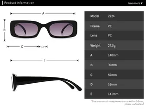 Detailed sizing chart and specifications for narrow rectangular PC frame sunglasses