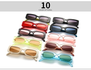 Detailed display of vintage rectangle sunglasses in ten colorful frame options and tints
