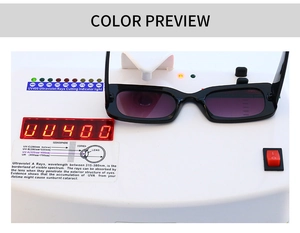Detail of UV400 test showing black rectangular sunglasses filtering ultraviolet rays